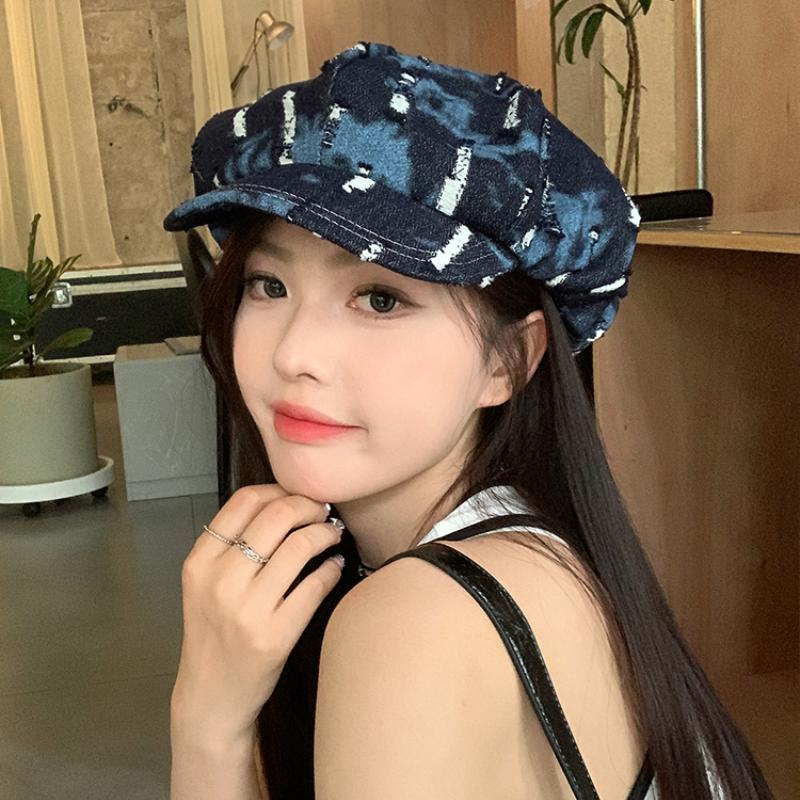 Ins Korean Washed Denim Octagonal Hats for Women Summer Autumn Casual Versatile Show Face Small Retro Hole Design Cloud Berets