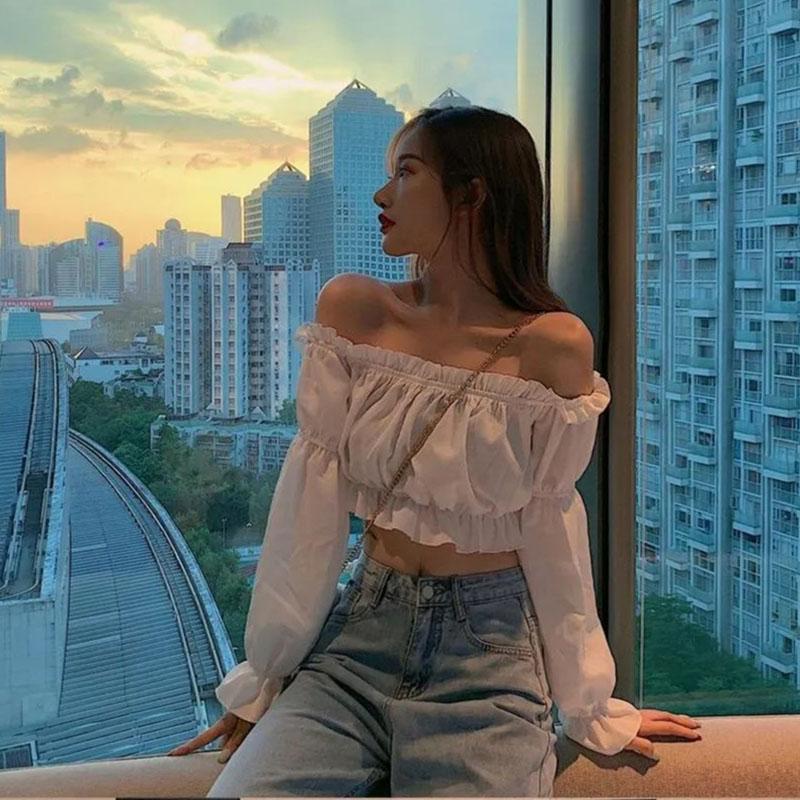 Slash Neck Sexy Off Shoulder Women's Short Top Pure Desire T-shirt Crop Top High Waisted Navel Exposed Puff Sleeve Korean Fashion Spring Autumn