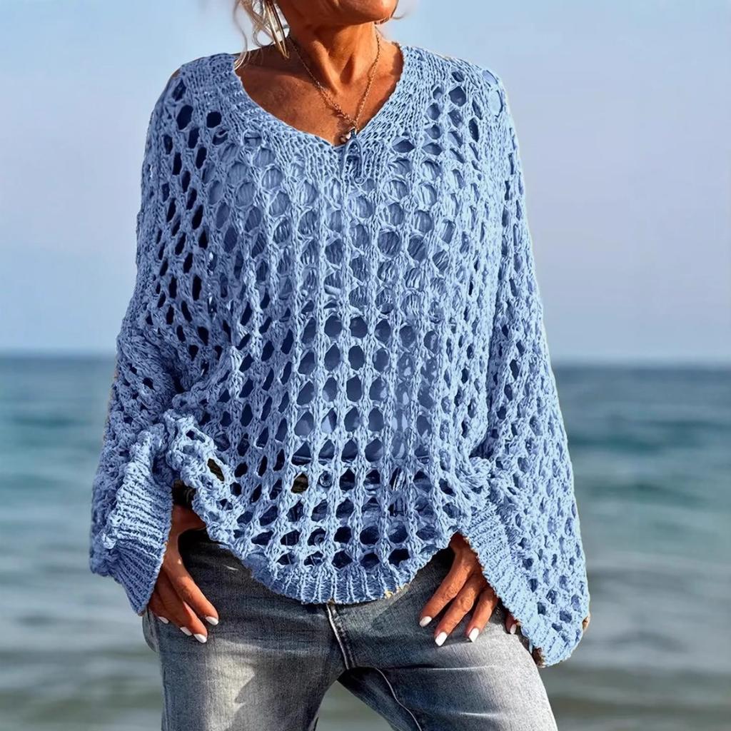 Loose Casual, Versatile Hollowed Out Long-sleeved, Large Size Women's Knit Sweater, Sun Shirt