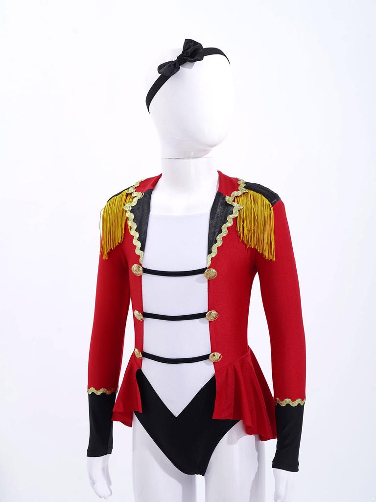 Kids Girls Circus Costume Long Sleeves Color Contrast Patchwork Tassel Buttons Adorned Cosplay Jumpsuit with Tie