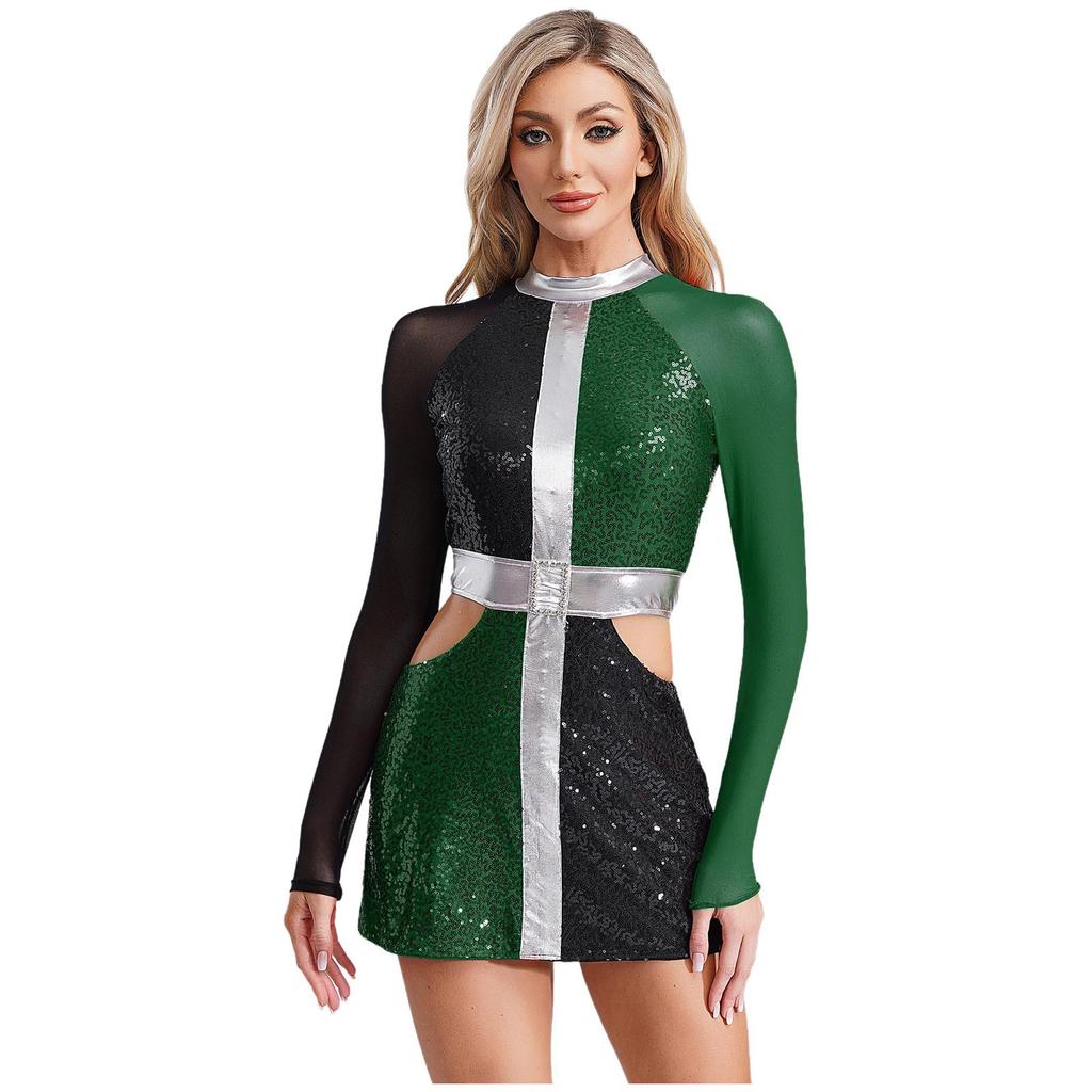 Women‘s 1960s Glitter Sequin Dress Long Sleeve Hollow Out Color Block Mini Sparkle Party Costume for Swinging Night Out