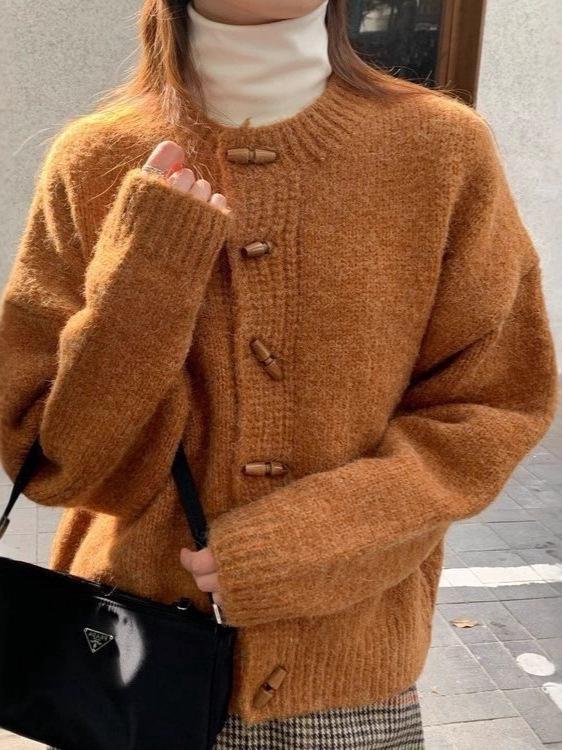 Женский вязаный кардиган в ретро-стиле с пуговицами-тогглами - Корейский стиль, Осень/Зима