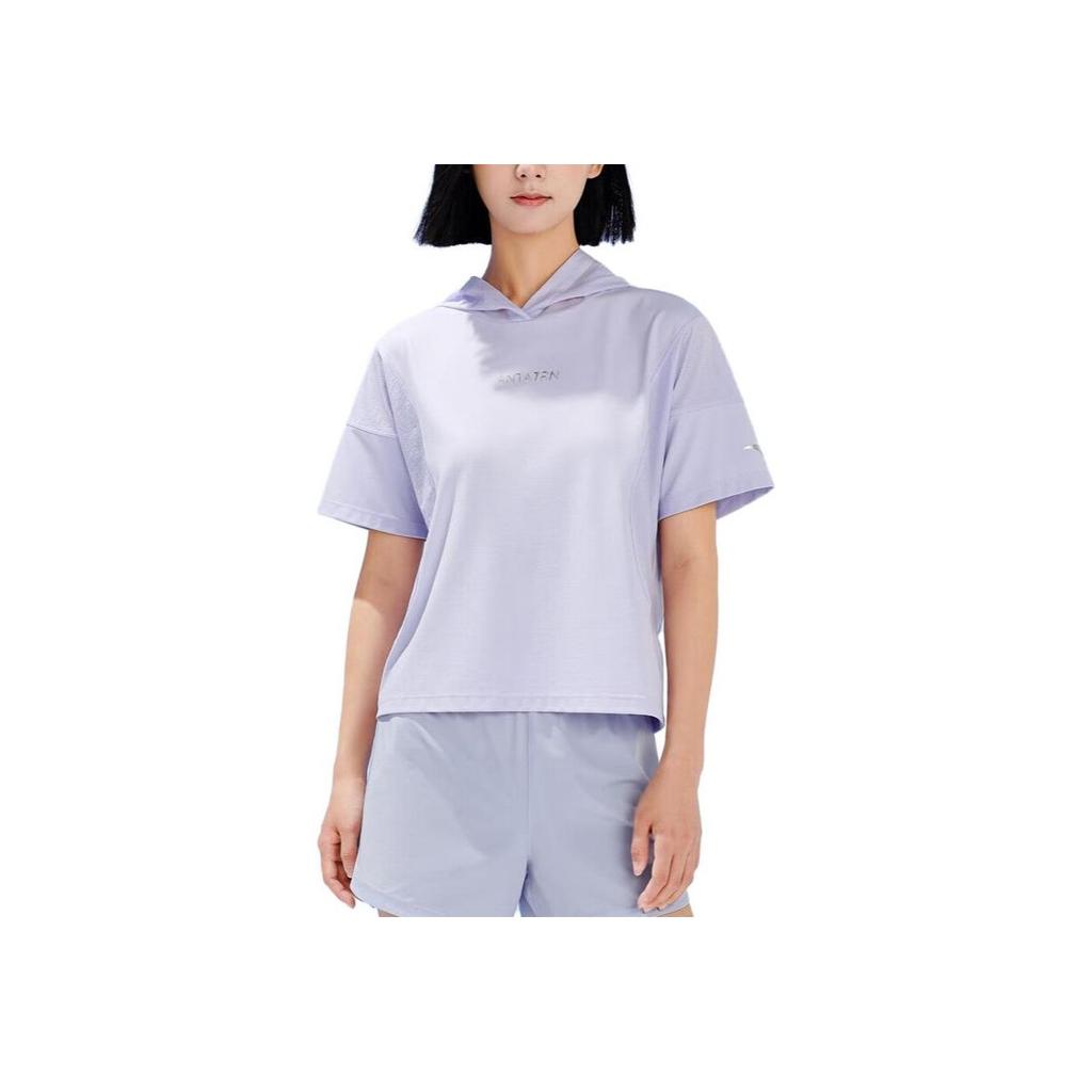 Anta Solid Color Hooded Knit Short Sleeve T-Shirt Women Tops Light-Purple 162327112-1