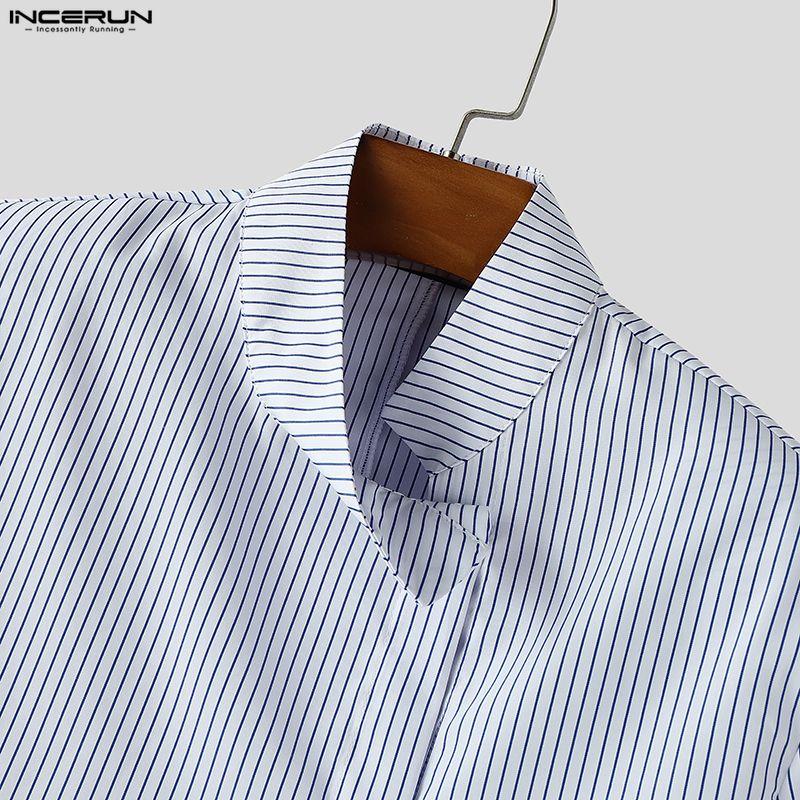 INCERUN Мужские наряды Стойка воротник Полосатый Длинный рукав Кроп-топы На молнии С высокой талией Длинные брюки Комплекты