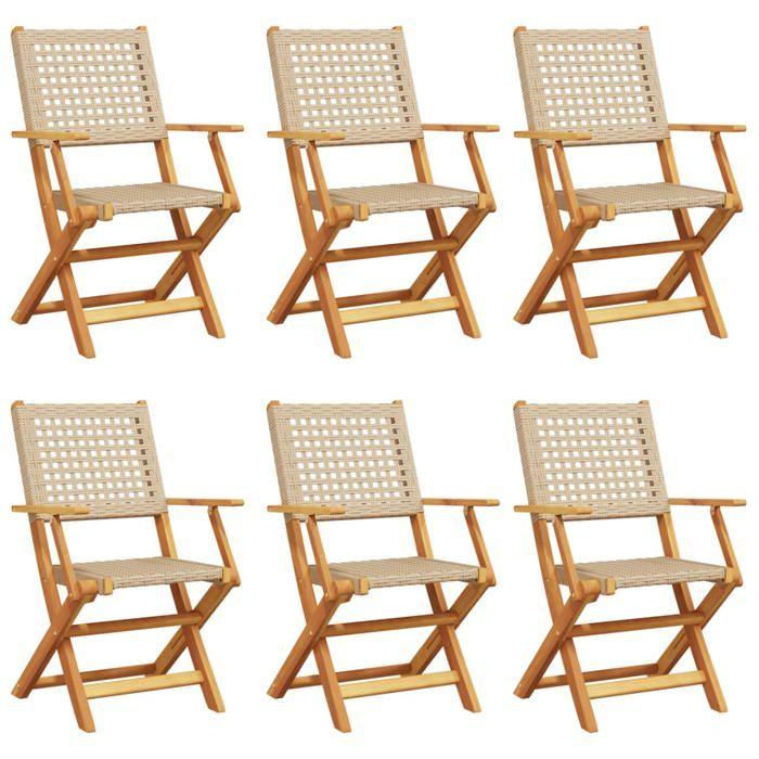 VidaXL Chaises de jardin pliantes lot de 6 beige rotin et bois massif, siège de jardin, chaise de patio, chaise à manger de 3214563
