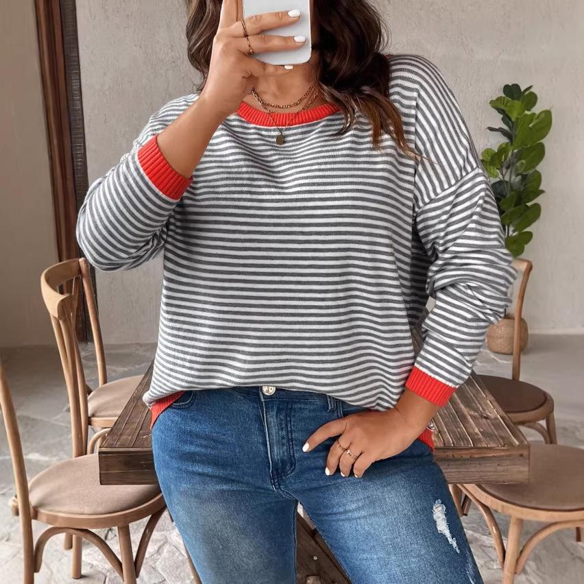 2026 European and American autumn women's striped t-shirt large size top casual sweater