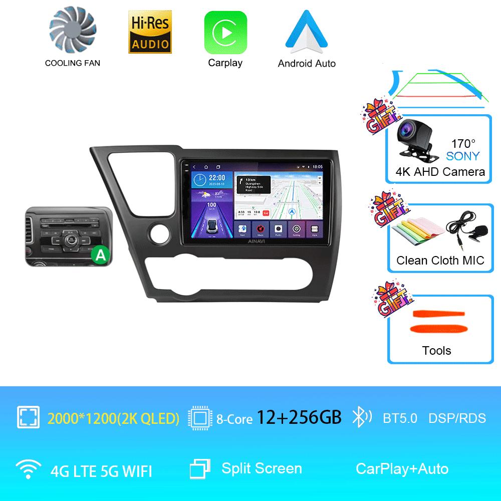 9" QLED 12G 256G Car Radio Android 14 For Honda Civic 9 2013 - 2016 Stereo Wireless Carplay Auto Navigation GPS Multimedia Playe