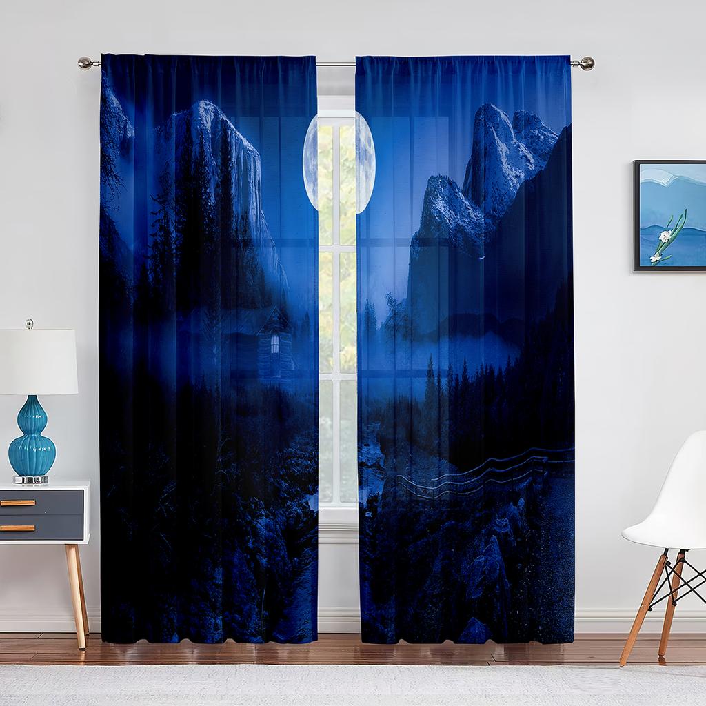 Ночное небо, луна, звезды и лес, озеро, прозрачные вуалевые шторы для спальни, гостиной, кухни, тюлевые шторы, шифоновые оконные шторы