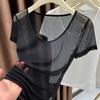 Hot Girl Mesh Short Sleeved T-shirt for Women In Summer High-end Ice Silk Shoulder See Through Top Sheer Top