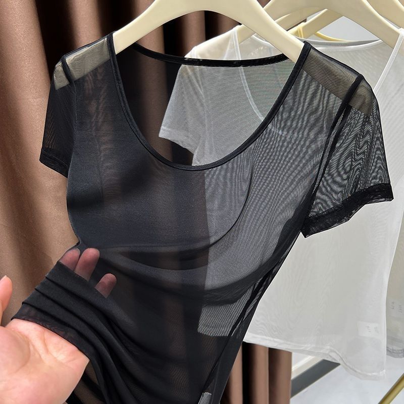 Hot Girl Mesh Short Sleeved T-shirt for Women In Summer High-end Ice Silk Shoulder See Through Top Sheer Top