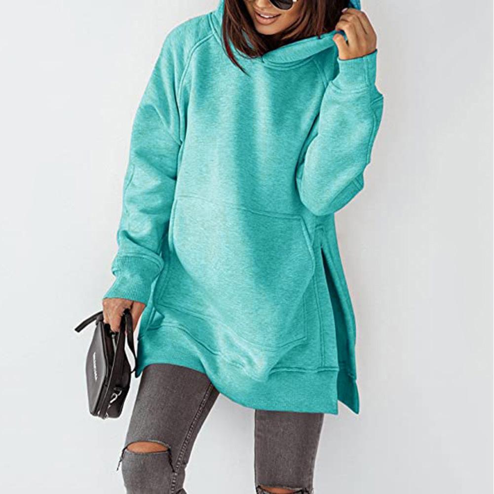 Женская зимняя толстовка с капюшоном с разрезами по бокам, длинными рукавами, однотонная, с карманом для шапки, толстая теплая осенняя толстовка с капюшоном, свободный пуловер