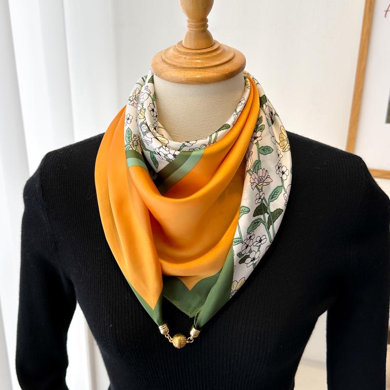 Magnetic Buckle Silk Neck Scarf: Triangle Design for Women, 70x70cm, Lightweight Spring/Summer/Autumn Accessory