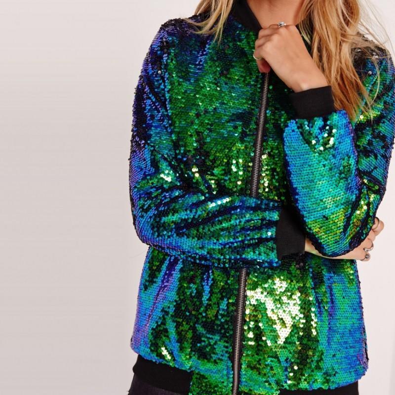Spring Autumn Women Sequin Coat Green Bomber Jacket Long Sleeve Zipper Streetwear Tunic Loose Casual Basic Lady Outwear
