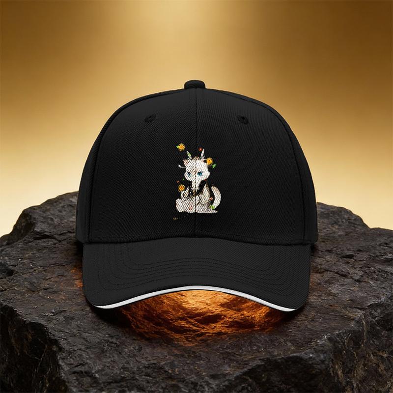 White Cat Hanfu Anime Cap with Kitten Print - Unisex Sandwich Brim Snapback Hat Suitable for Daily Wear, Travel & Gifts, Lightwe
