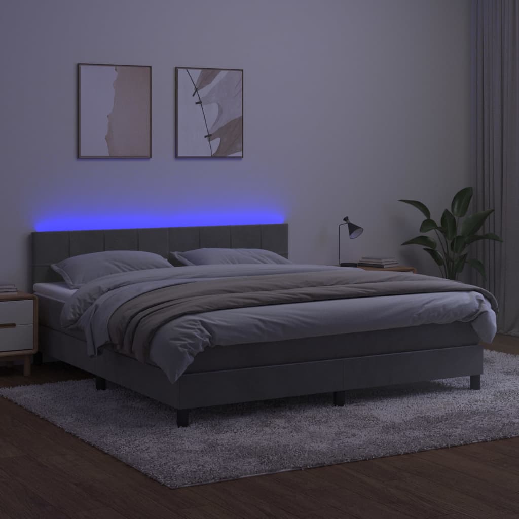 Box Spring Bed with Mattress & LED Lights Light Grey 180 x 200 cm Velvet