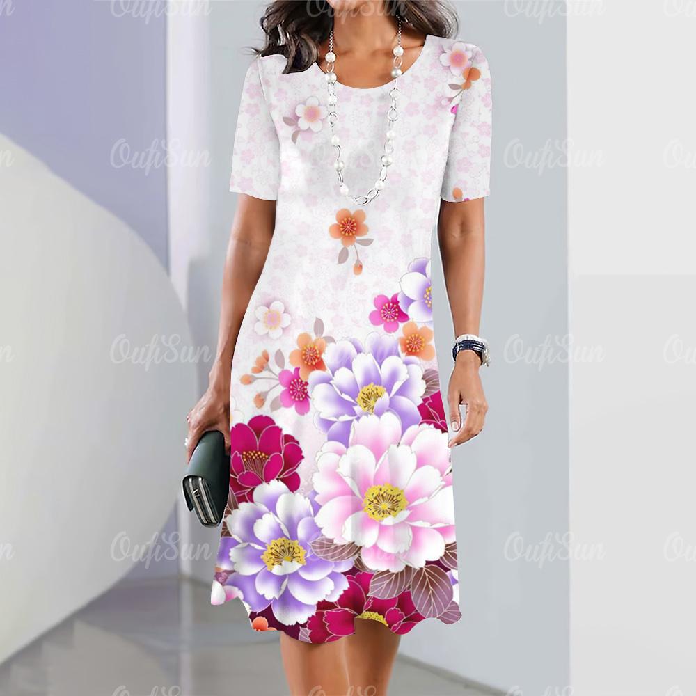 Новые женские платья, элементы 3D-цветочной печати, элегантные повседневные платья с коротким рукавом, модные женские платья больших размеров 2024 года