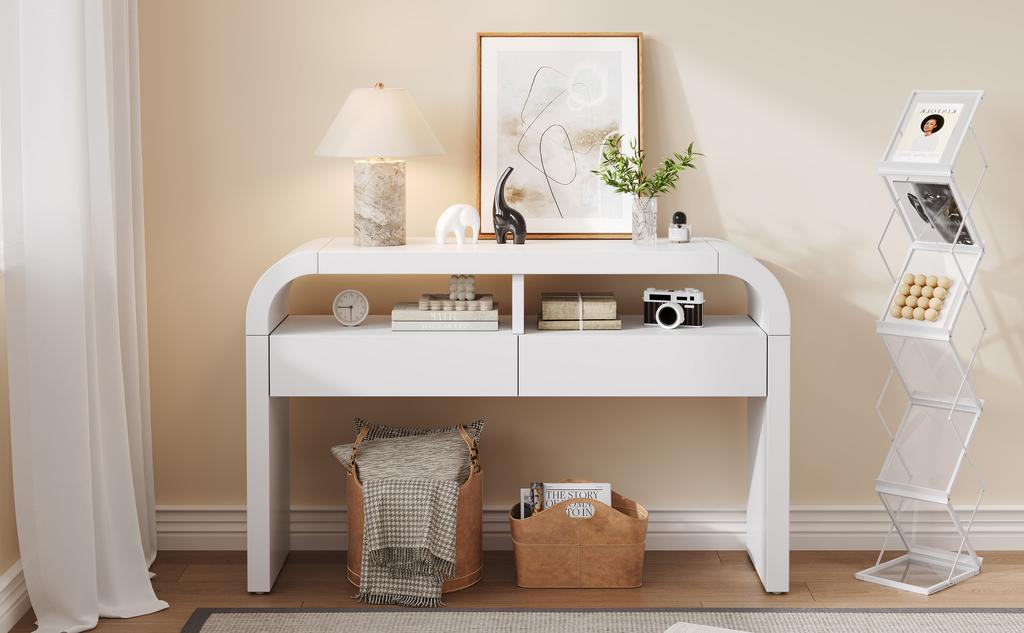 Modern console table with drawers for entrance area, sideboard with curved front and adjustable foot pads, hallway, corridor or living room (White)