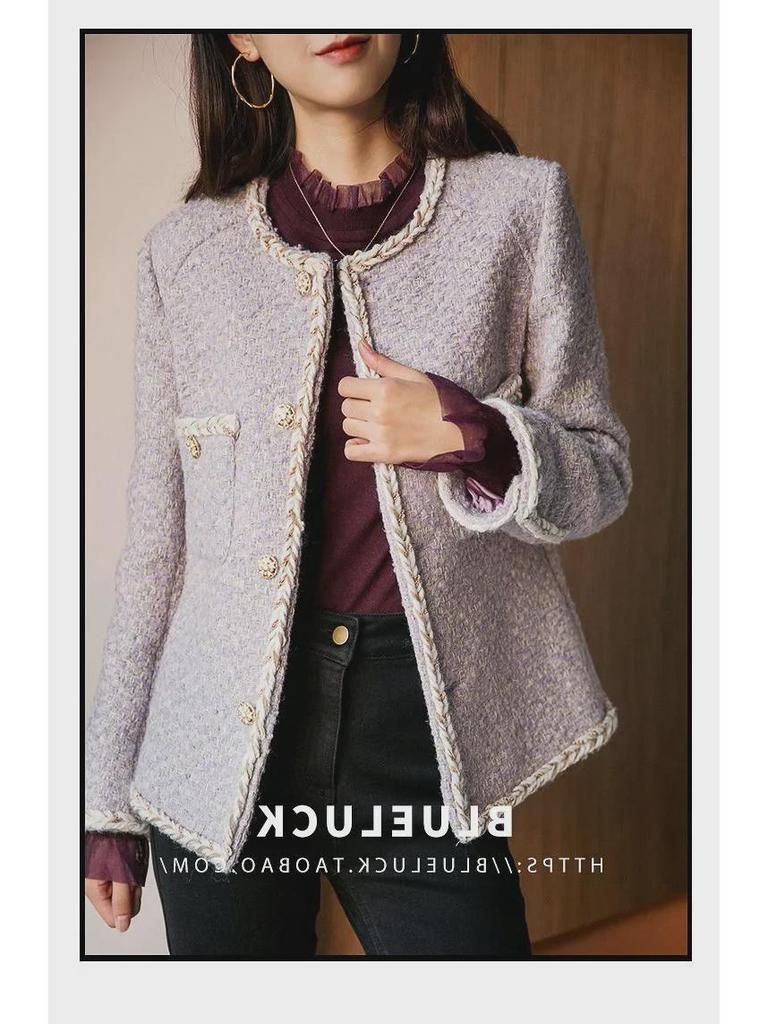 Маленький твидовый кардиган лавандово-фиолетового цвета: Женский бархат Plus, утолщенный, короткий стиль на осень/зиму 2024 г.