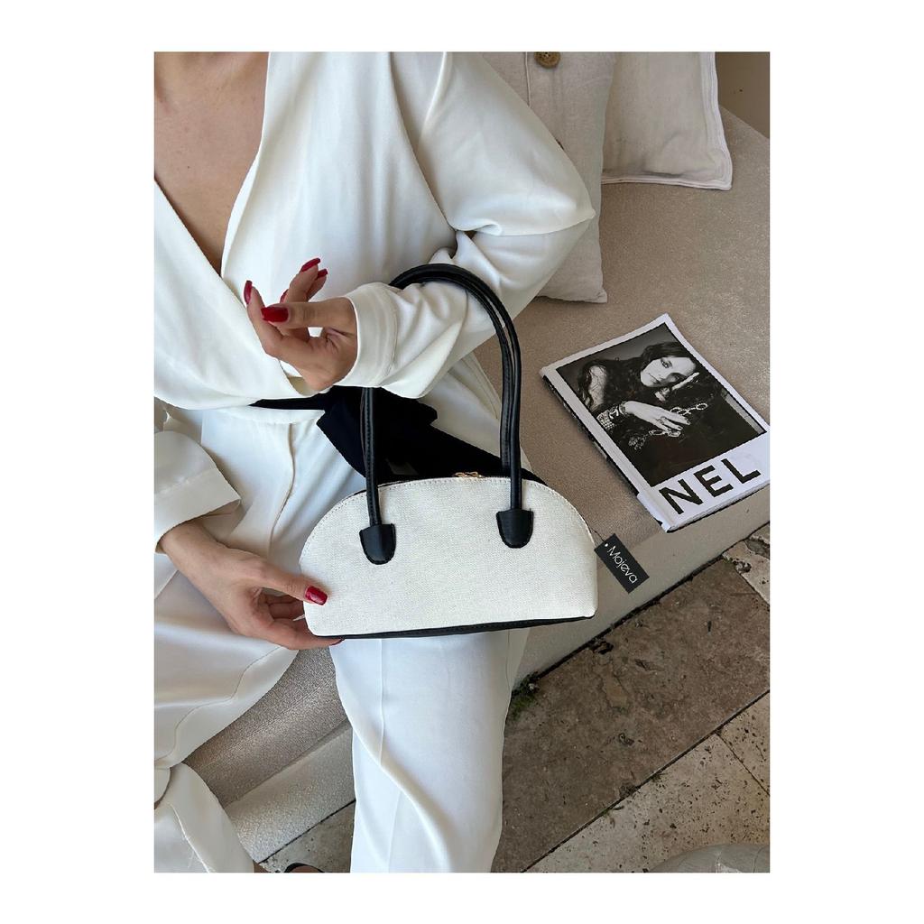 Long Handle Linen Black Women's Baguette, Hand And Shoulder Bag