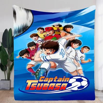 Динамичное одеяло Captain Tsubasa - Ярко-синее и белое мягкое плед с изображением культовых персонажей в действии P