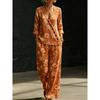 New plant branch and leaf print V-neck diagonal shirt wide-leg pants women's casual two-piece set