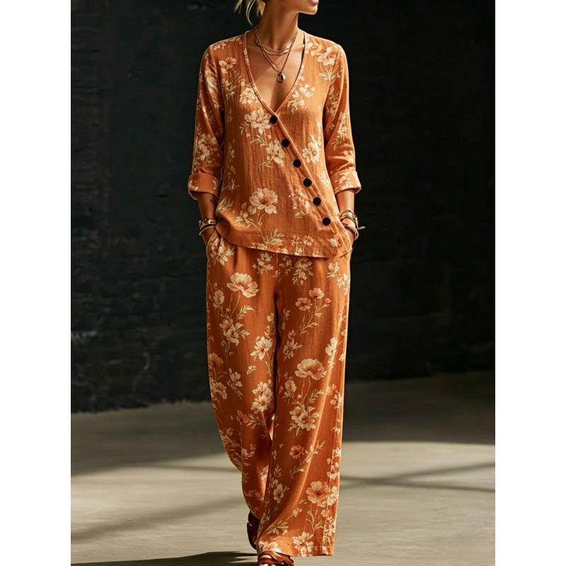 New plant branch and leaf print V-neck diagonal shirt wide-leg pants women's casual two-piece set