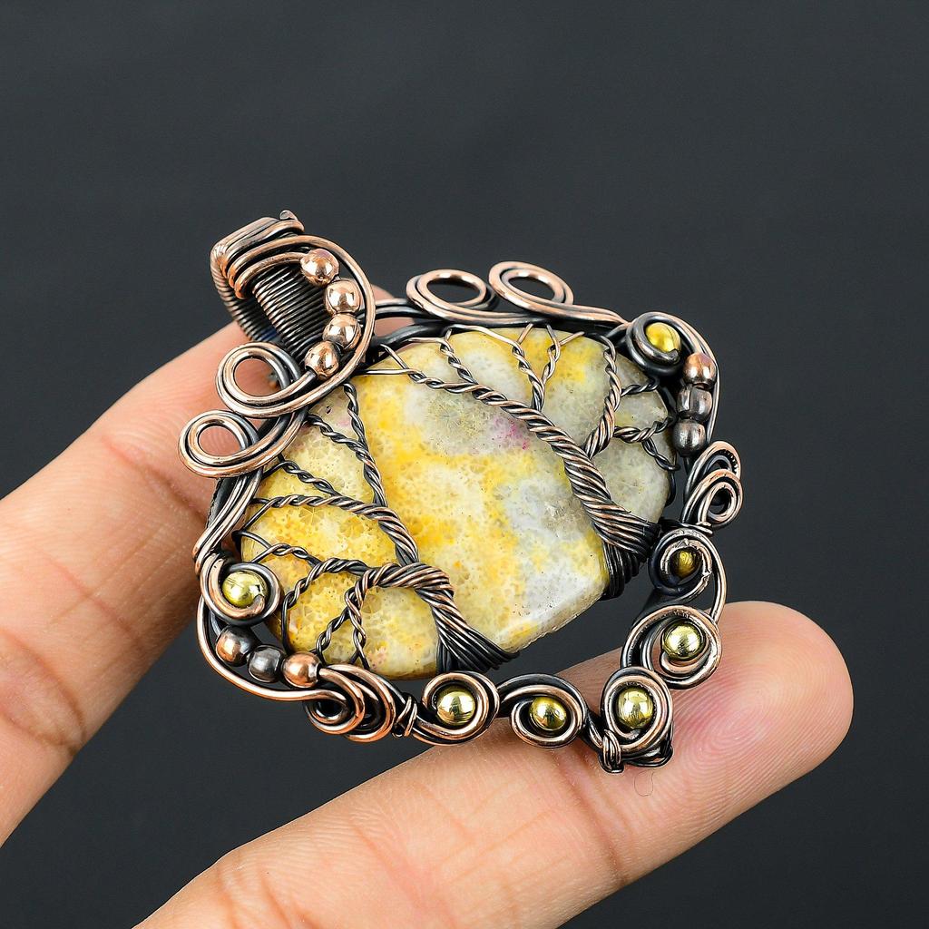 Unique Tree Of Life Fossil Coral Gemstone Pure Copper Wire Wrapped Handmade Pendant Jewelry