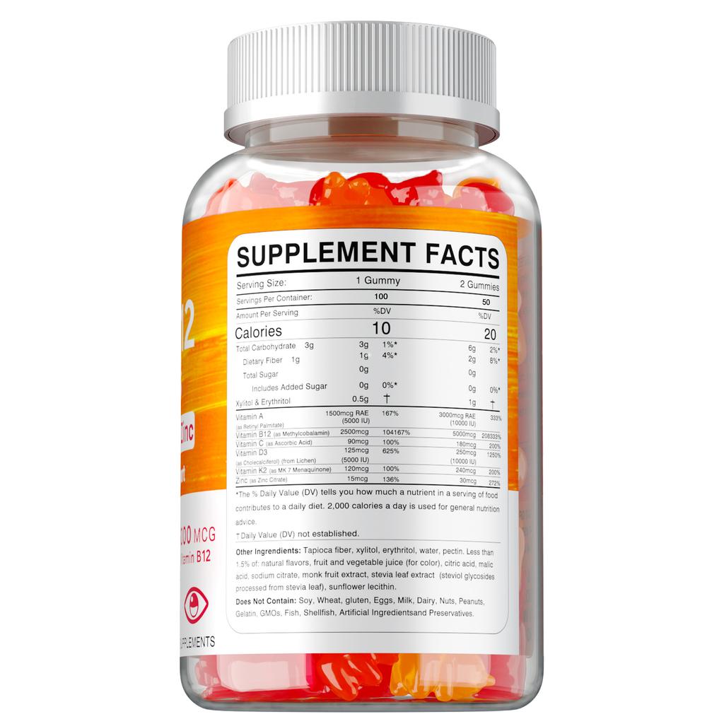 Vitamin B12 gummies, containing vitamin D3 and K2 extracts, an adult multivitamin, gentle and easily absorbed, with a potent formula.