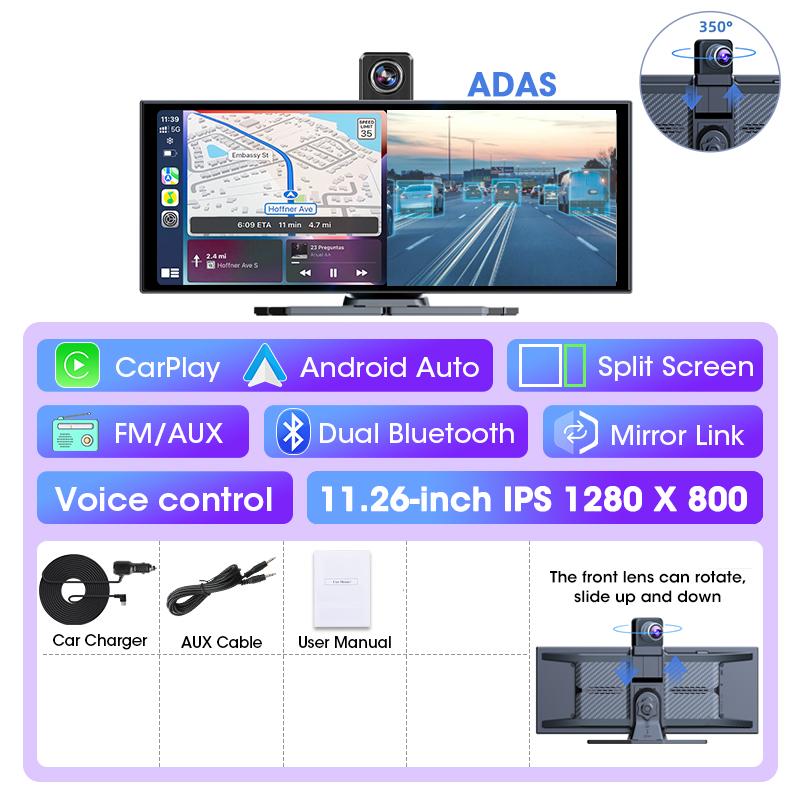 ADAS Автомобильный видеорегистратор 11,26 дюйма 4K Видеорегистратор на приборную панель Беспроводной Carplay Android Auto Bluetooth Видеорегистратор на приборную панель Голосовое управление Siri FM AUX
