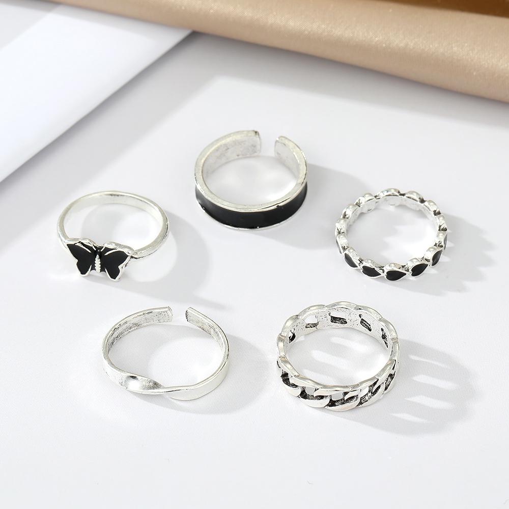 5 шт. винтажные металлические кольца серебряного цвета для женщин, модные ювелирные изделия с черной бабочкой