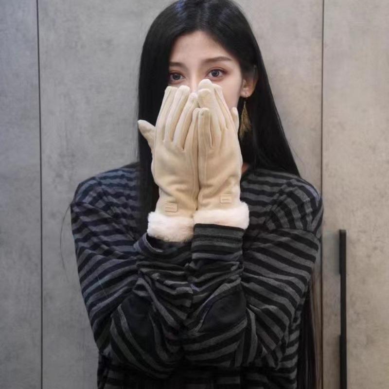 Женские зимние толстые плюшевые перчатки, модные теплые замшевые перчатки для отдыха на природе, женские перчатки для вождения с сенсорным экраном, спортивные перчатки для велоспорта