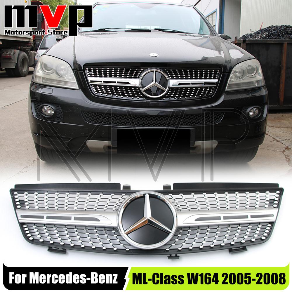EJG4 Chrome Diamonds Style Racing Grille With Silver Border Emblem Logo Badge For Mercedes Benz ML-Class W164 05-08 ML320 ML350 ML550