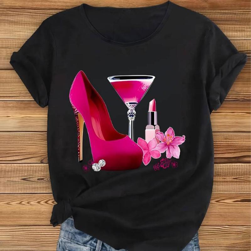 Fashion Women Lipstick High Heels Print T Shirt Funny Casual O-neck Short Sleeves T-shirt Summer Female Tee Shirt