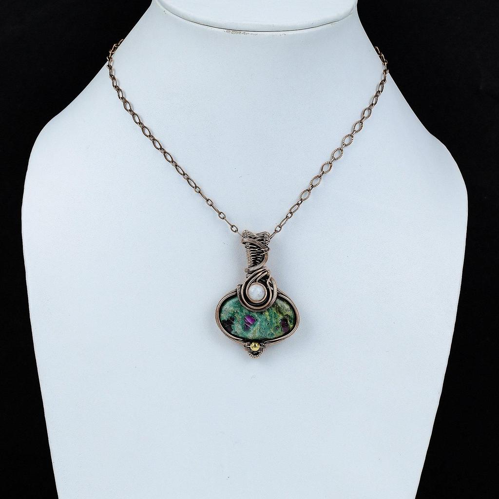 Подвеска из рубина и фуксита, подвеска из медной проволоки, подвеска ручной работы, подвеска из радужного лунного камня, антикварная медная бижутерия, подарок для матери