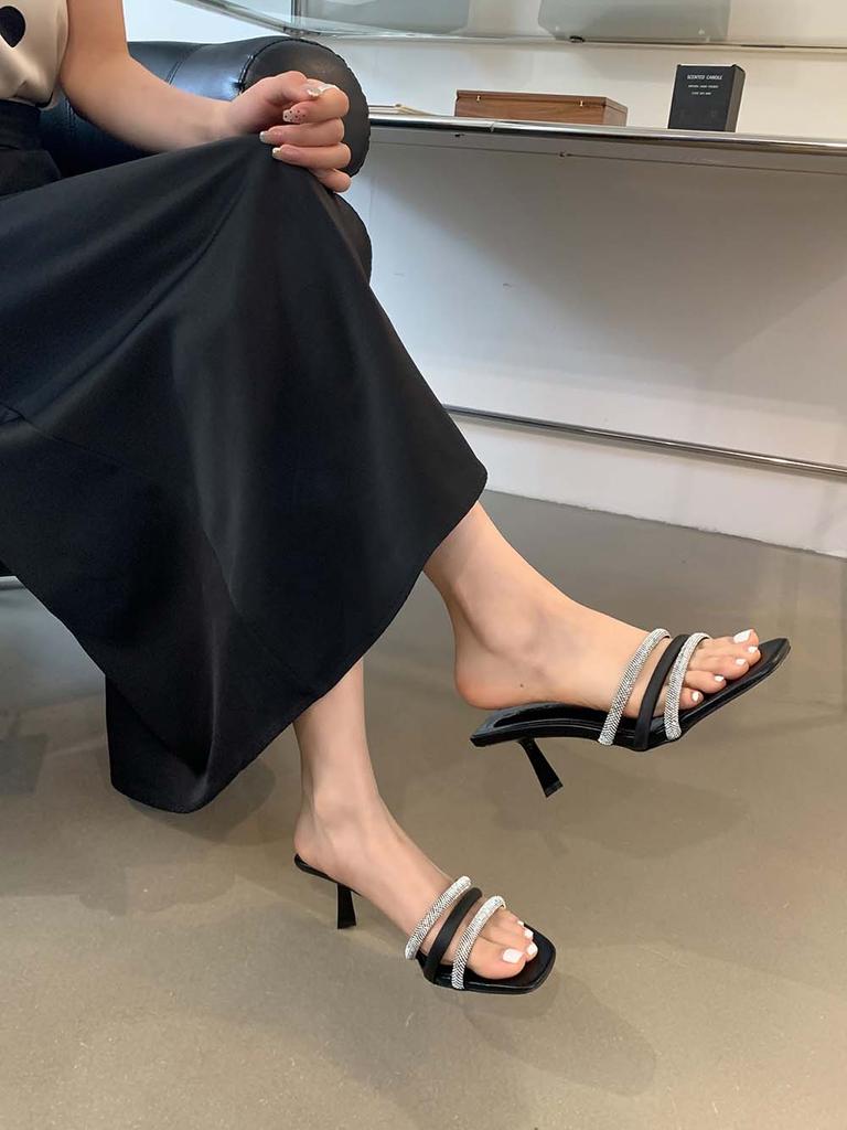 Fashion Open Toe Women Slides Slippers Summer Outside Thin High Heels Patent Leather Crystal Dress Shoes Stiletto Pumps Silver White 39