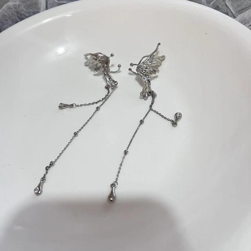 French-Style Butterfly Ear Cuff Earrings for Women - Non-Pierced, Elf Design with Tassel and Water Drop Details