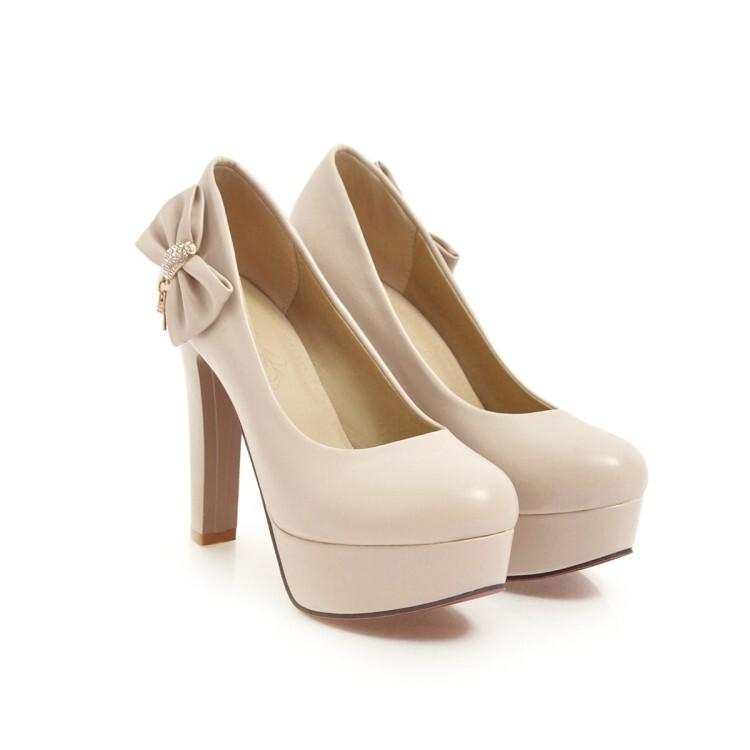 Женские туфли-лодочки из искусственной кожи на платформе, на очень высоком каблуке, с круглым носком и бантом, милые вечерние весенне-осенние туфли черного, белого, бежевого цвета