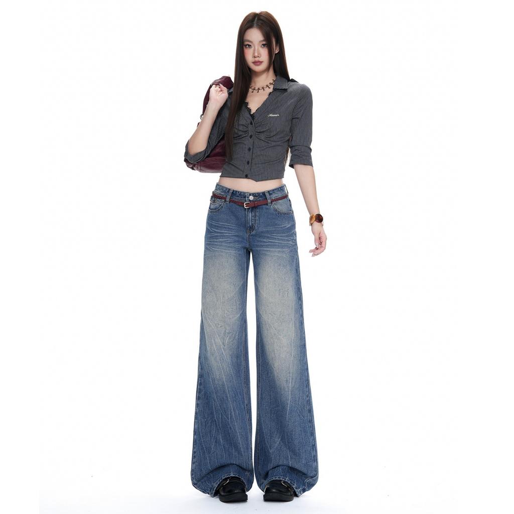 American retro water ripple pleated low-rise jeans women's early autumn new versatile and thin loose straight-leg pants