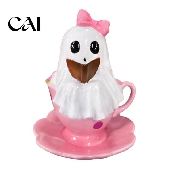 Halloween Tiered Tray Decorations Reading Ghost Figurine, Pink Teacup Statue, Resin Decorative for Shelf Sculpture Home Office Party,