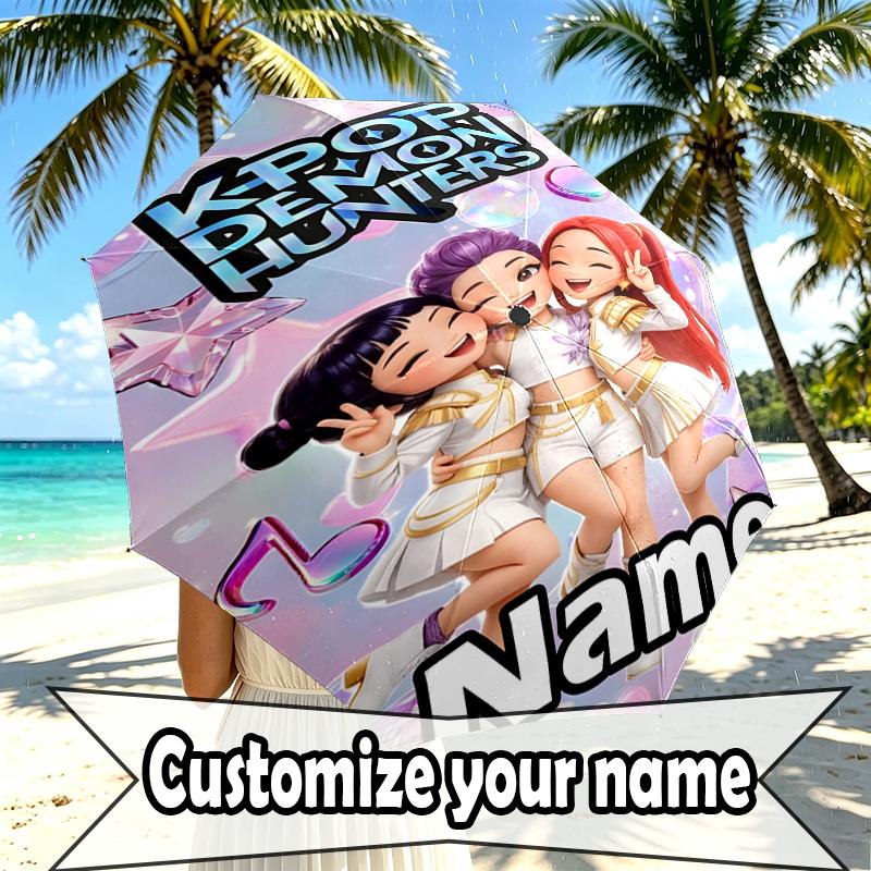 Custom Name Personalized KPop Demon Hunters Print Umbrella, Auto Open Close, 8‑Rib Sturdy Frame, Commute Camping Hiking Use, Birthday Gift