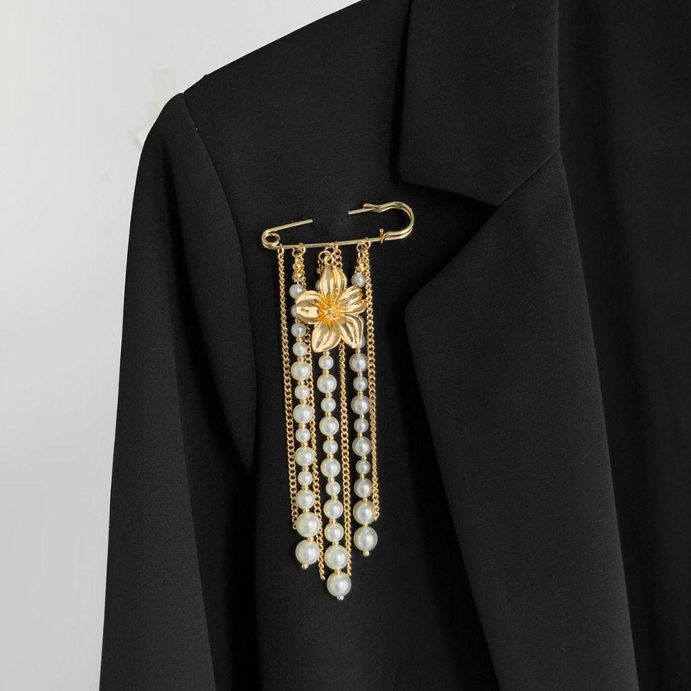Flower Long Tassel Brooch Pearl Waist Cinching Fixed Pin Exquisite Multi-layer Chains Pin  Women