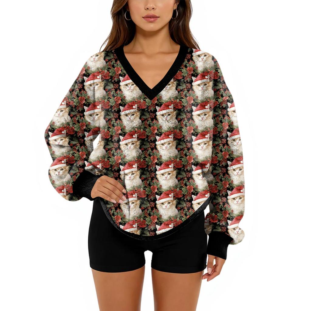 Women's V-Neck Sweatshirt Plush Solid Color Casual Fashion Long Sleeve With Pocketed Pullover Top