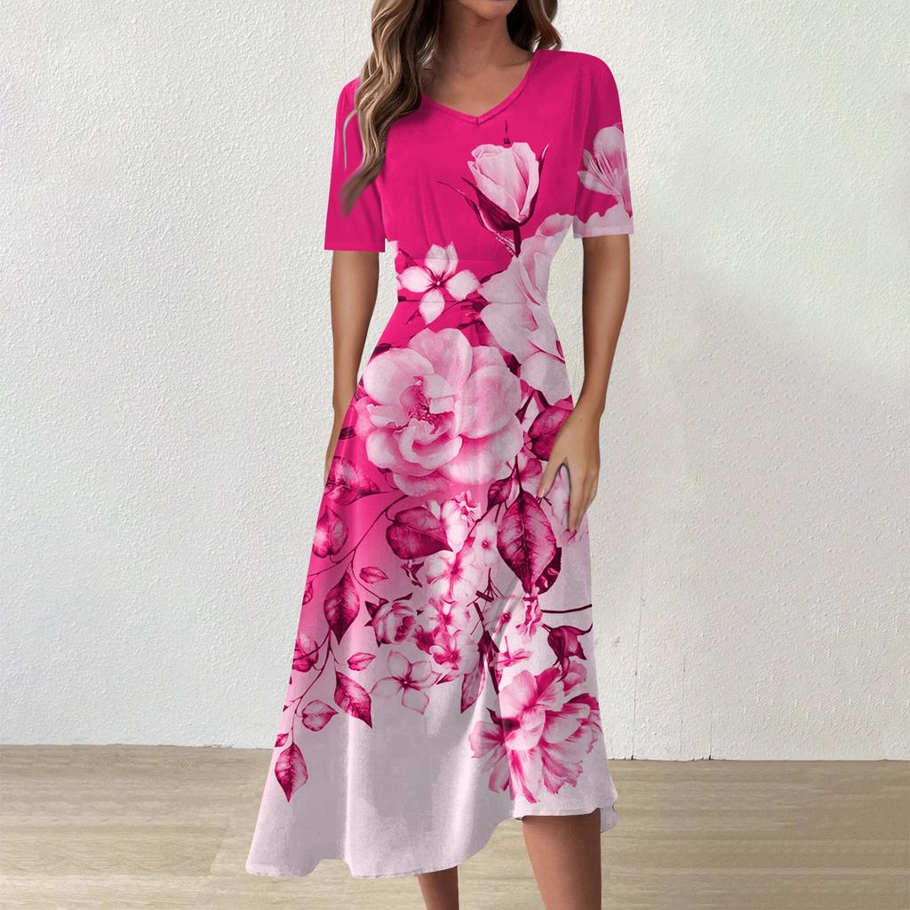 Женское повседневное модное платье с цветным V-образным вырезом и коротким рукавом на талии, длинное свободное платье