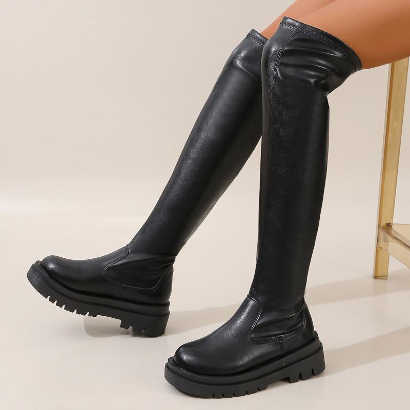 Женские зимние высокие сапоги выше колена на платформе, удобные и элегантные, большого размера, модные, на низком каблуке, кожаные, до бедра