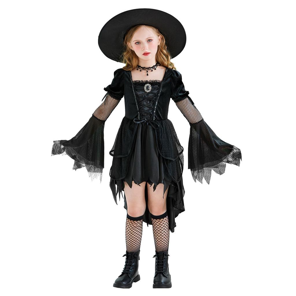 2026Halloween children's witch costume, stage performance outfit, vampire tulle magic witch dress for girls