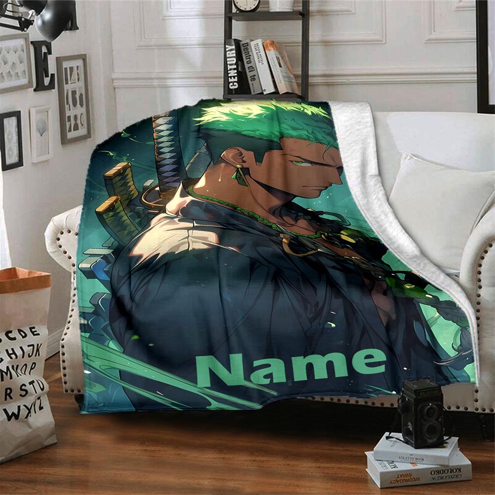 Custom Name Roronoa Zoro Theme Printed Blanket - Perfect for Couch, Bed, Travel & Outdoor Use | Machine Washable, Cozy & Durable.