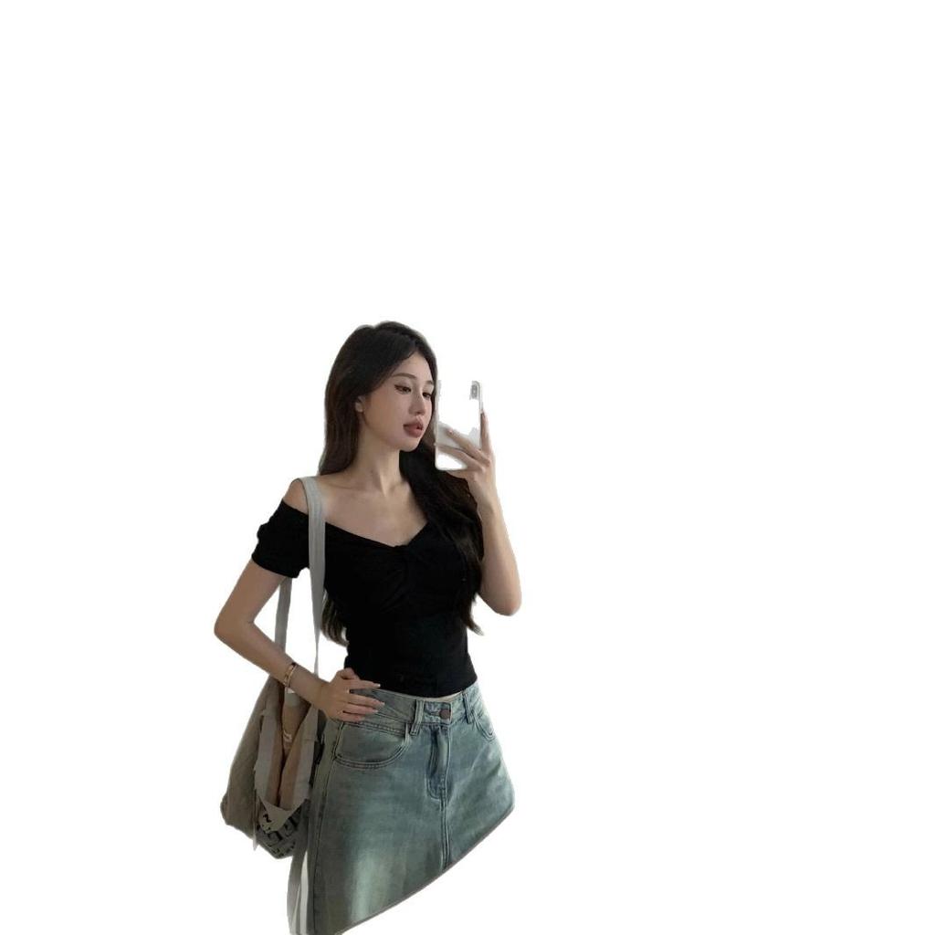 Spice girl sexy one-word shoulder short-sleeved T-shirt new pure desire style foreign style niche fashion design top ins