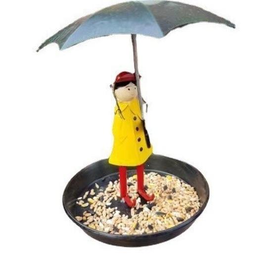 Little girl holding an umbrella, bird feeder, outdoor courtyard bird feeder, metal craft, morning dew