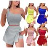 Sexy Fashion Sequin Ladies One Shoulder Tank Top Shorts Set For Womens