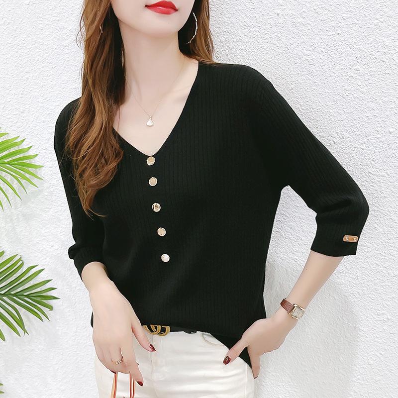 Ранневесенний трикотажный свитер с рукавом семь четвертей, ранняя весна, новая женская одежда, рубашка тонкая, свободная и стройнящая, черная базовая рубашка